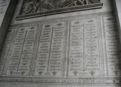 Names engraved on the Arc de Triomphe